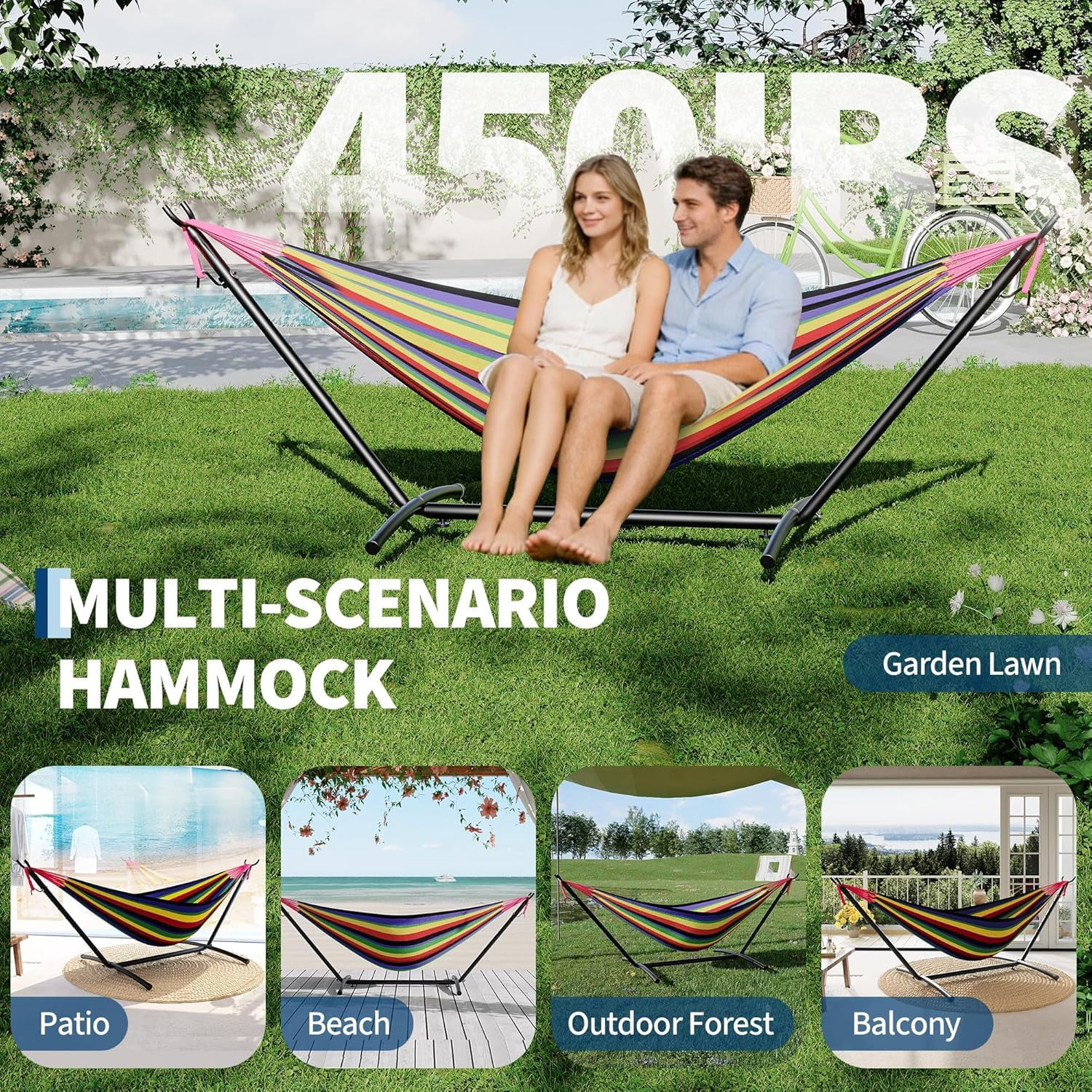 IdealHouse 2 Person Hammocks with Stand for Outside, Double Hammocks Portable Space Saving Heavy-Duty Steel Stand for Indoor Outdoor Patio with Carrying Bag, 450 lbs Capacity