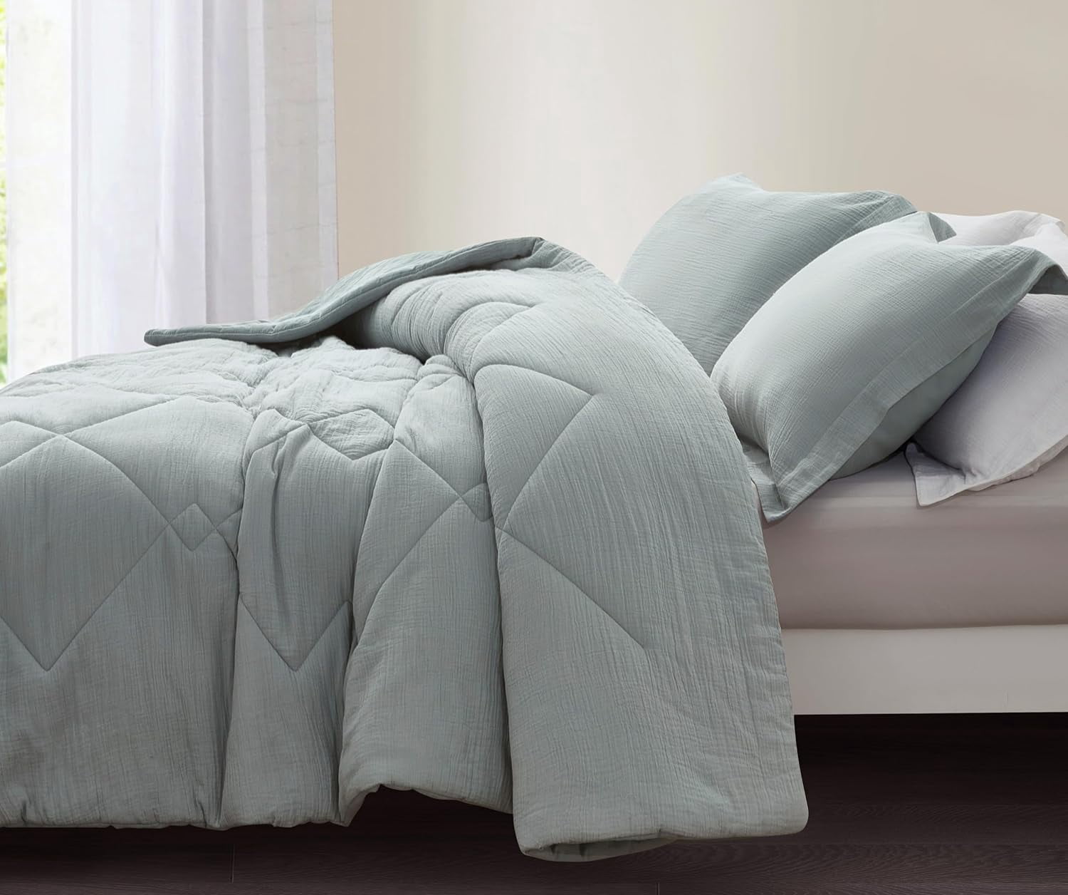 Chezmoi Collection Skye 3-Piece 100% Cotton Muslin Thin Comforter Set King, Light Blue-Gray Reversible Soft Washed Cotton Gauze Breathable Lightweight Summer Blanket