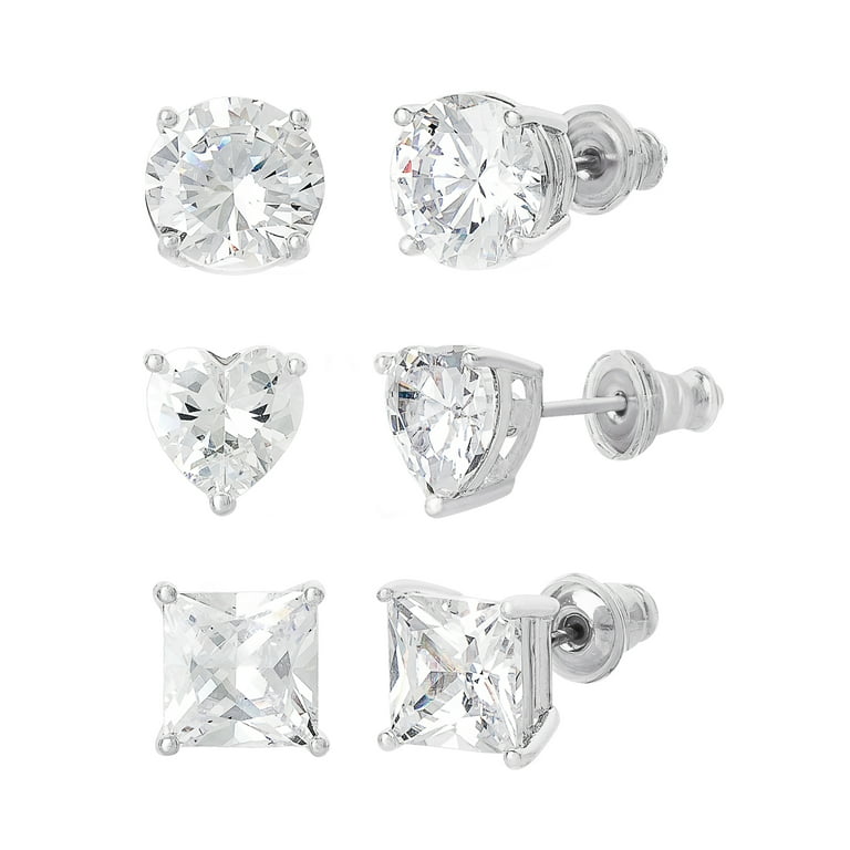 FINE SILVER PLATED CUBIC ZIRCONIA HEART, ROUND, SQUARE EARRING SET -  Walmart.com