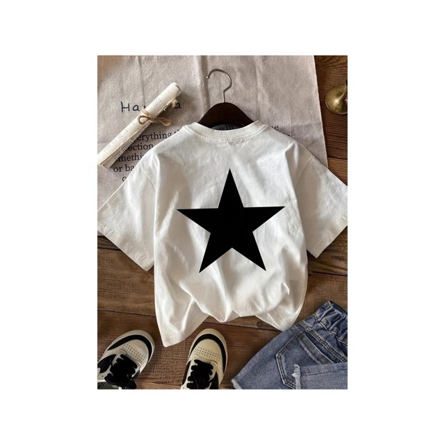 Women's Casual Oversized Graphic T-Shirt - Soft Stretch Short Sleeve Top with Bold Black Star Print, Loose Fit Round Neck for Spring Summer Fall, High-Quality Durable Printing Design