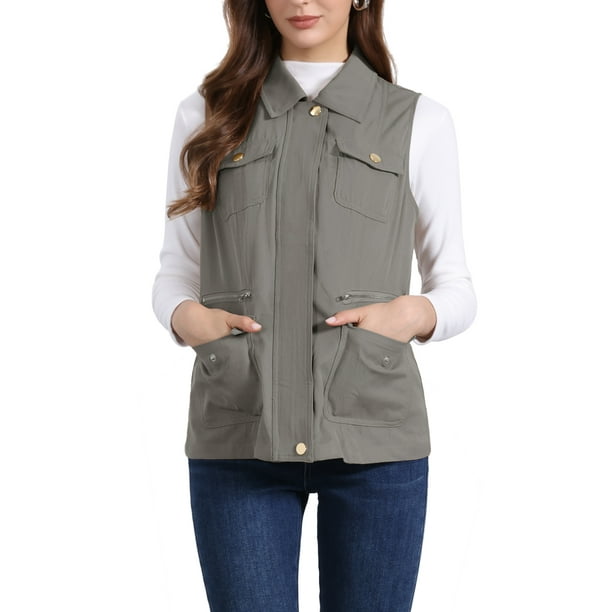 CHAQUETA SIN MANGAS CON CREMALLERA INSPIRADA EN CHIC PARA MUJERES, VESTIDO UTILITARIO CON BOLSILLOS M GRIS OSCURO