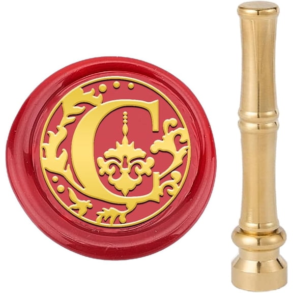 15mm Wax Sealing Stamp Letter C Alphabet Initials Olive Leaves Retro Vintage Mini Wax Seal Stamp Classic with Bamboo Stick Shape Handle for DIY Making