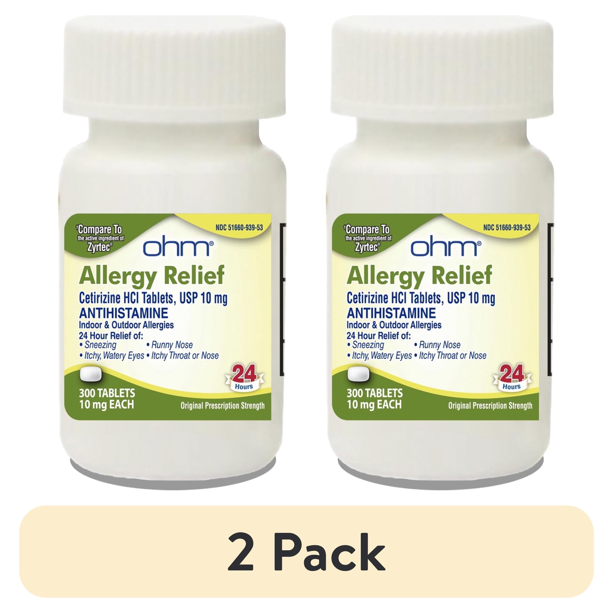 (2 pack) Ohm 24-Hour Antihistamine Cetirizine HCl 10 mg Tablets, 300 Count – All-Day Allergy Relief for Itchy Eyes, Runny Nose, Hay Fever, Pollen, and Indoor & Outdoor Allergies