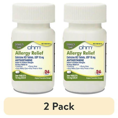 (2 pack) Ohm 24-Hour Antihistamine Cetirizine HCl 10 mg Tablets, 300 Count – All-Day Allergy Relief for Itchy Eyes, Runny Nose, Hay Fever, Pollen, and Indoor & Outdoor Allergies