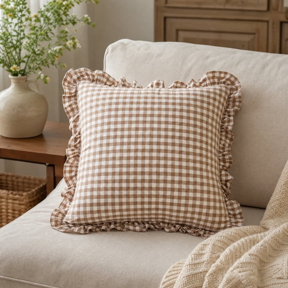 Checkered Throw Pillow Cover with Ruffled Trim, Farmhouse Style Decorative Cushion Case for Sofa, Bed, and Living Room Accent Decor