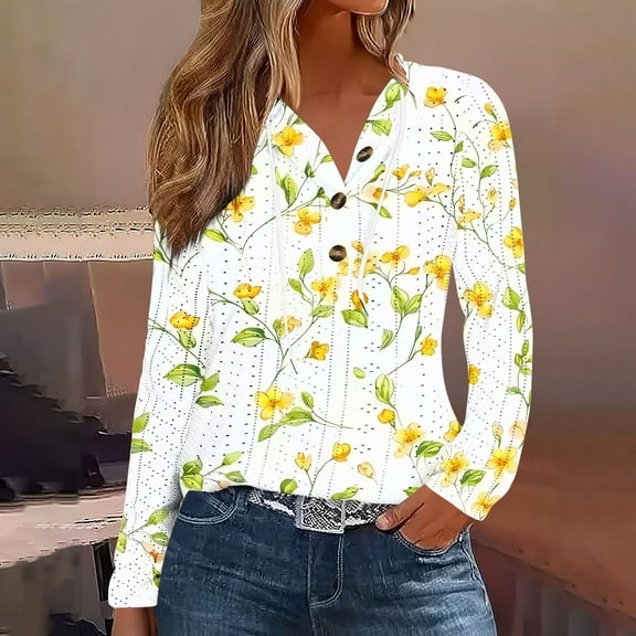 VOONCAS Women's Yellow Floral Long Sleeve V-Neck Top - Stretchy, Wrinkle-Resistant for Casual Wear - Size S