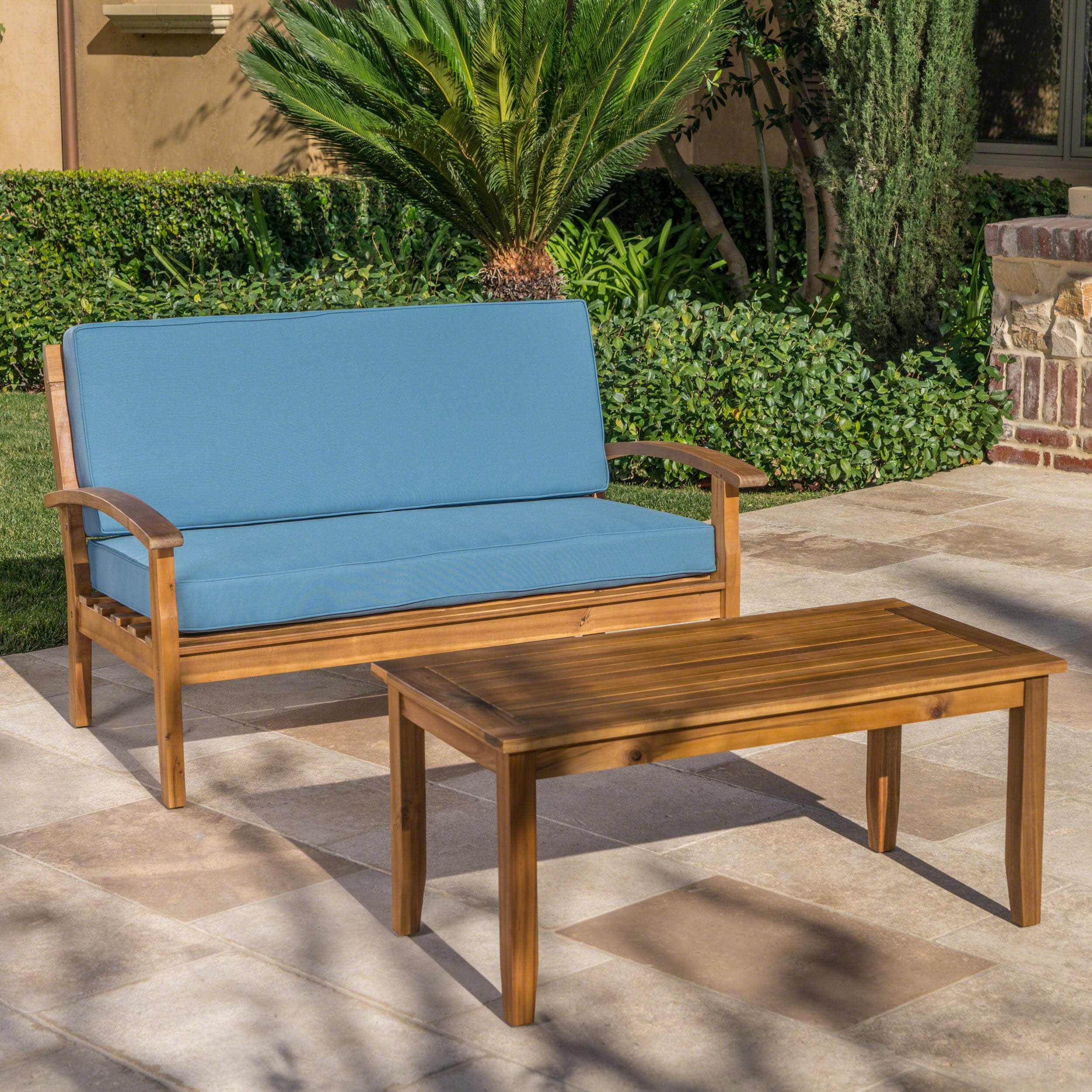 Outdoor Loveseat and Coffee Table Combined Leisure Set, Acacia Wood Frame Furniture for Patio Garden, Blue