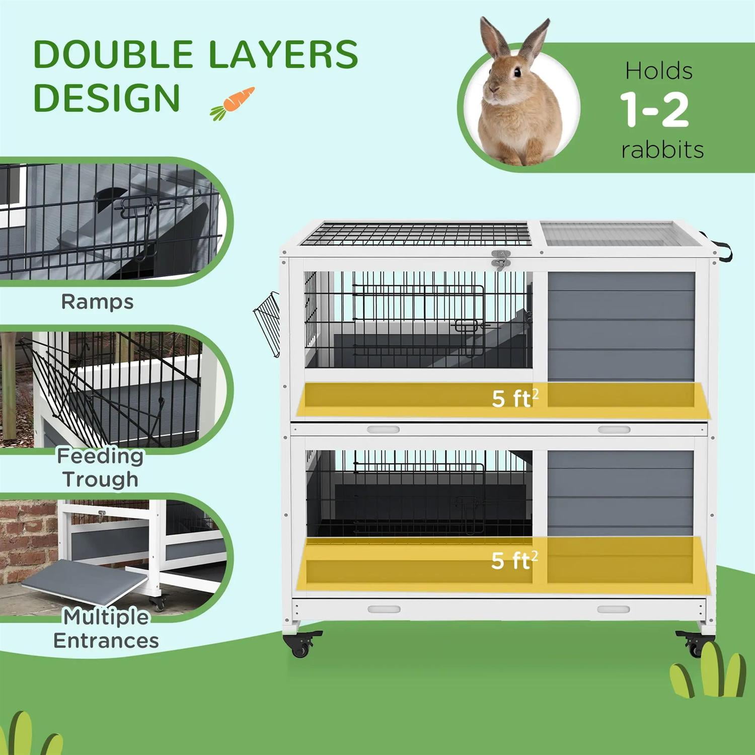 Pefilos 38" Outdoor Wooden Rabbit Hutch with Wheels, Trays and Feeding Trough, Outdoor Bunny Enclosure Guinea Pig Cage for Small Animals, Gray