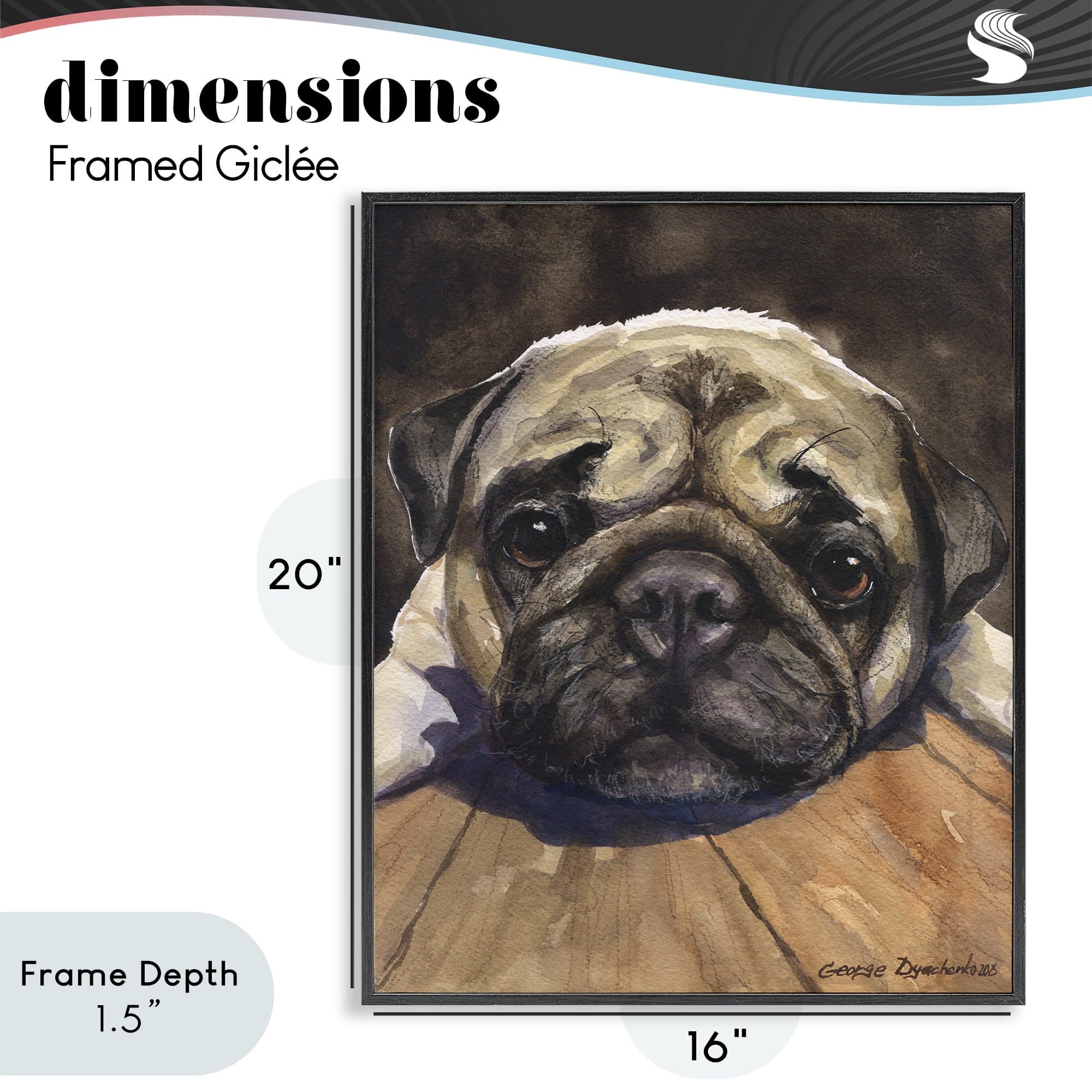 Stupell Industries Pug Soulful Portrait Black Framed Giclee Art, design by George Dyachenko