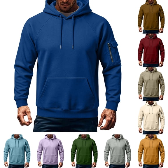 Mens Hoodies Pullover Solid Color Long Sleeves Loose Drawstring Hooded Sweatshirt With Side Pockets Outdoor Casual Athletic Fitness Sweatshirts