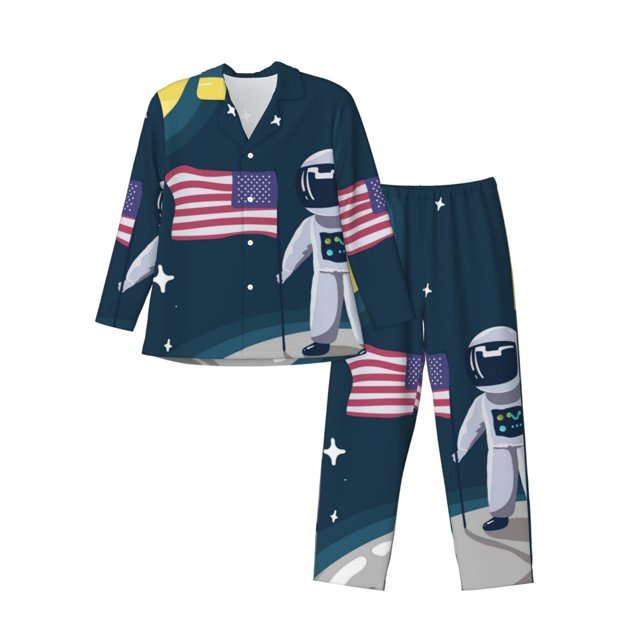 Balery Astronaut With USA Flag Pijama para Hombre de Dos Piezas con Manga Larga, Conjunto de Dormir y Descanso Suave con Bolsillos-Large