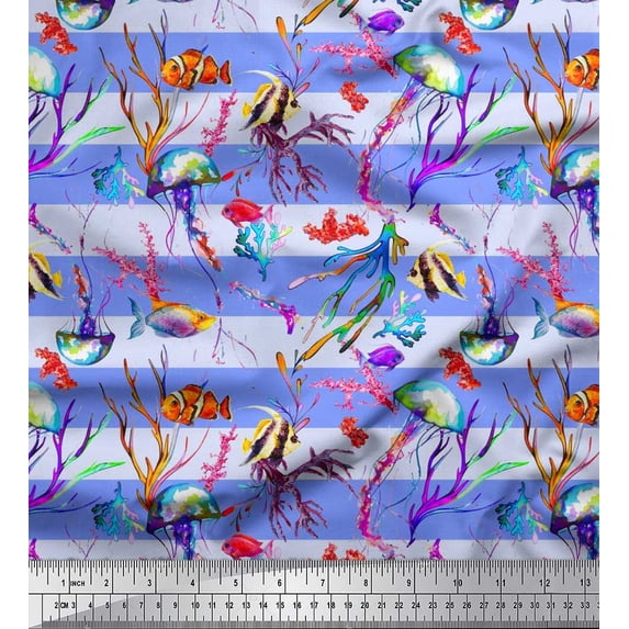 Soimoi Rayon Fabric Stripe,Coral & Jellyfish Ocean Print Sewing Fabric Yard 42 Inch Wide
