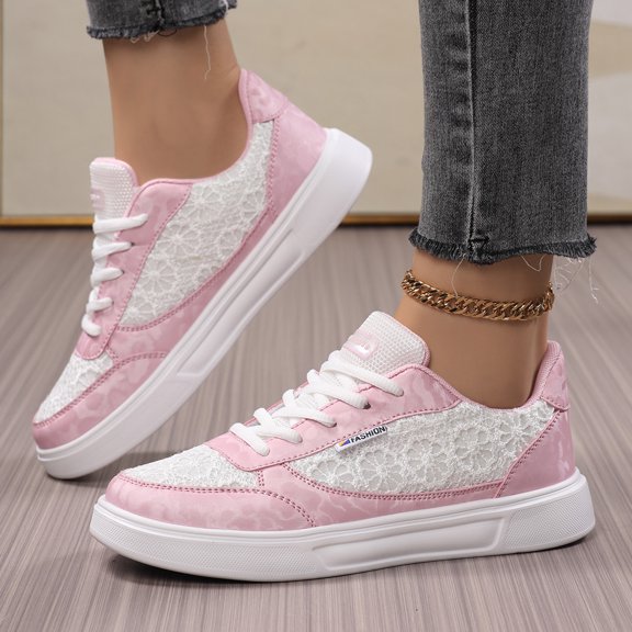 pwidon Women's Platform Skate Sneakers Lace Up Breathable Low Top Casual Walking Fashion Board Shoes Pink 5.5