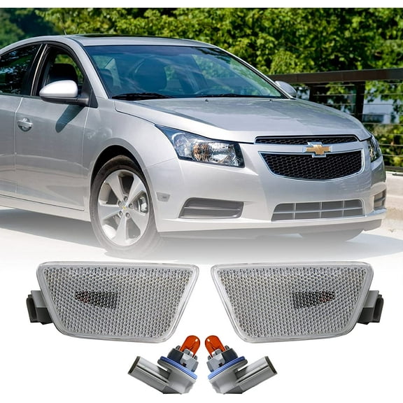 USR 11-15 Cruze Side Marker Lights - Front Bumper Sidemarker Parking Lamps (Left   Right) Compatible with 2011-2015 Chevrolet Chevy Cruze (All Clear Lens, Sockets Included)