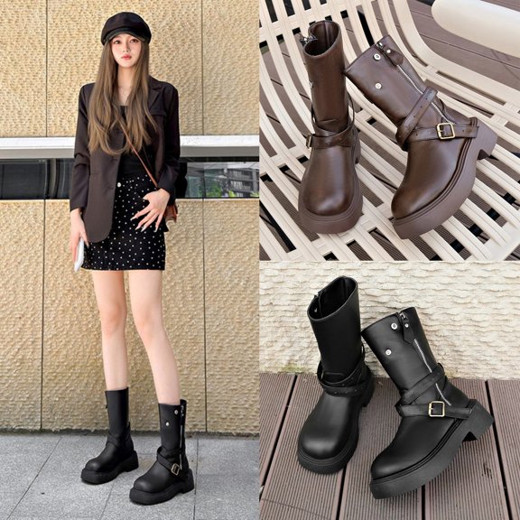 YTCAMLO Moto Riding Boots for Women Trendy Y2K Round Toe Chunky Low Heel Tall Boots with Zipper Buckle Comfortable Short Biker Boots