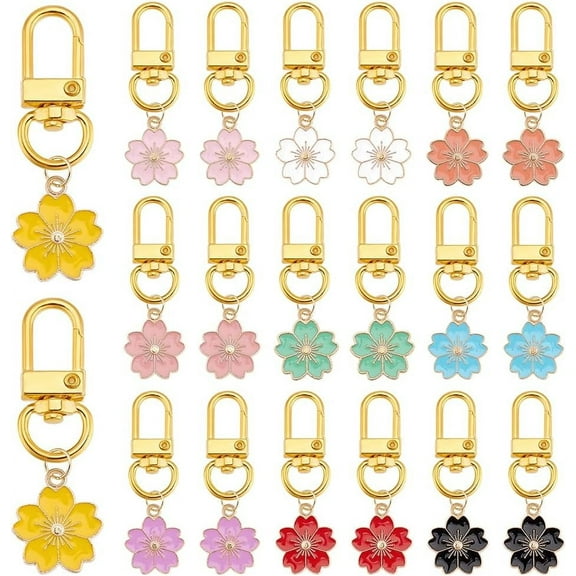 20pcs 10 Colors Flower Keychain Cherry Blossom Enamel Pendant Keychain Cute Flower Tassel Keychain Car Keyring Charms Keychain for Handbag Cell Phone Decoration Wallet Pendant DIY