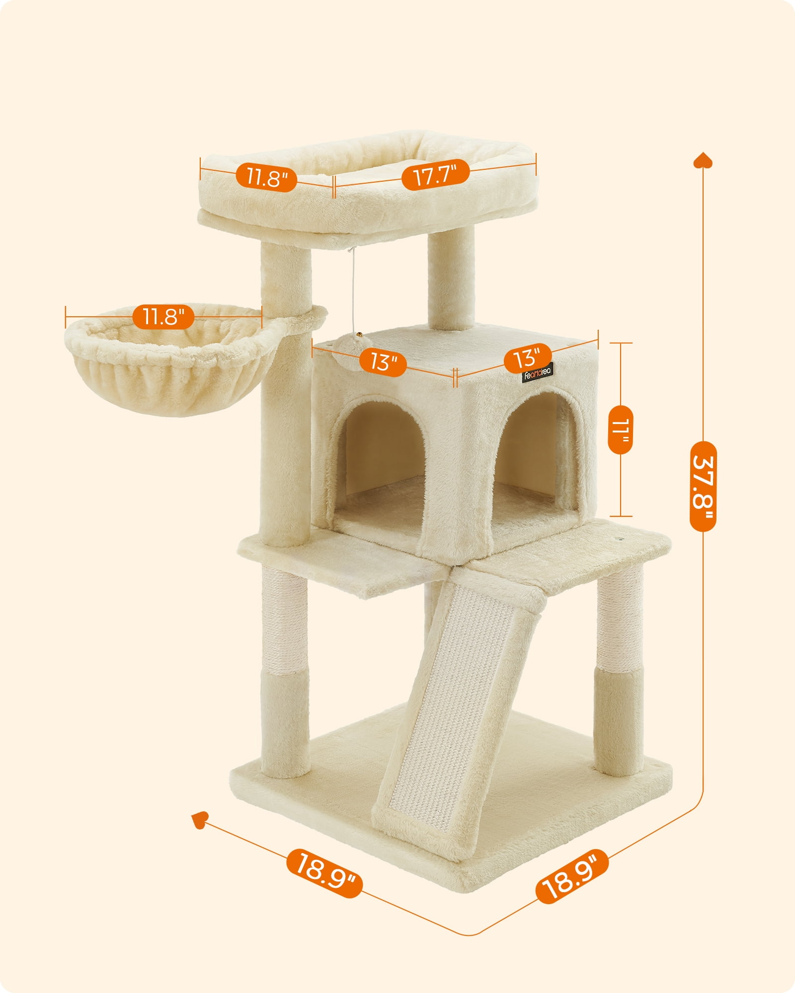 37.8 - Inch Multi - Level Small Cat Tree. Features widened perch for large cats & kittens. Beige color.