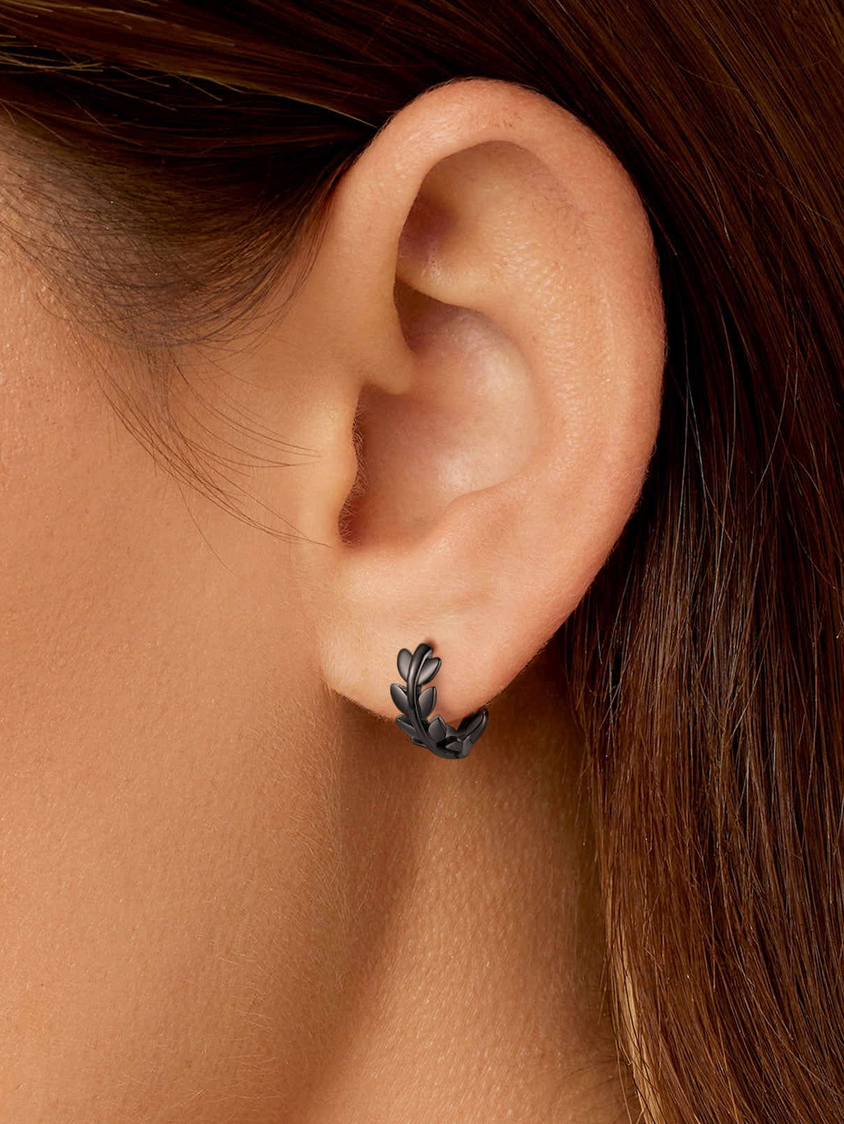 FaithHeart Leaf Huggie Hoop Earrings for Women Stainless Steel Lightweight Dainty Hypoallergenic Small 12mm Cartilage Huggies Black Earrings Jewelry Gift for Daughter Mom Mothers Day