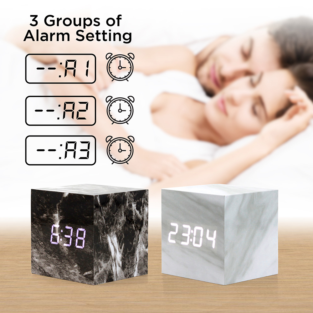 Marble Pattern Alarm Clock Fashion Multi-function LED Desk Alarm Clock with Snooze and USB Power Supply Voice Control Timer Thermometer - White