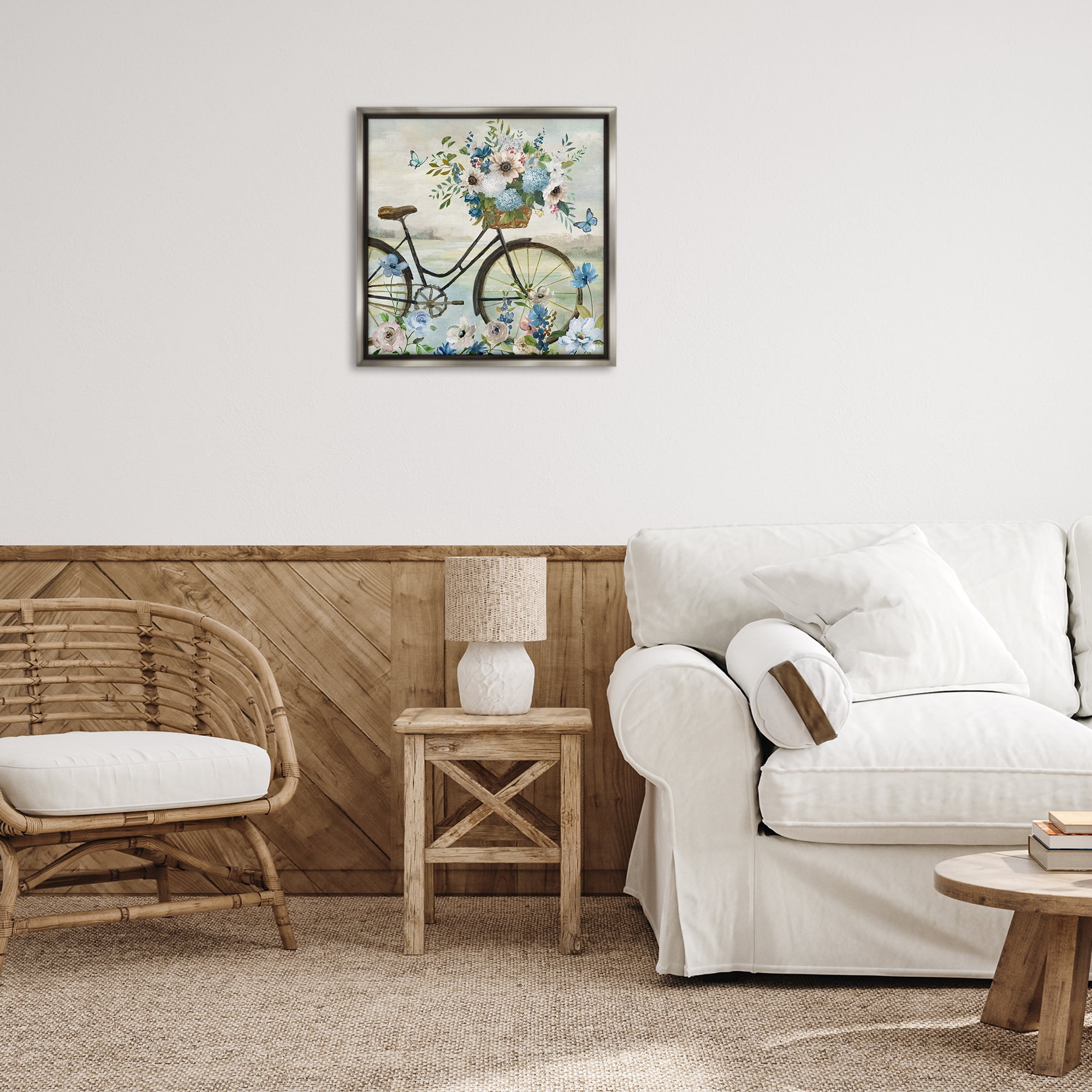 Stupell Industries Floral Bicycle & Butterflies Transportation Painting Gray Floater Framed Canvas Art Print Wall Art, 25 x 25