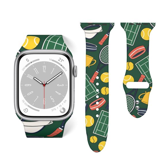 Tennis Court Icon Pattern Soft Silicone Sport Band 42mm44mm Wristband for Apple Watch, Waterproof Buckle Strap for Series 9/8/7/6/SE/Ultra