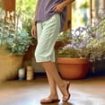 thumbnail image 4 of Josdec Women's Casual Striped Linen Bermuda Shorts Elastic High Waist Straight Leg Knee Length with Pockets for Summer Daily Beach Wear, 4 of 7