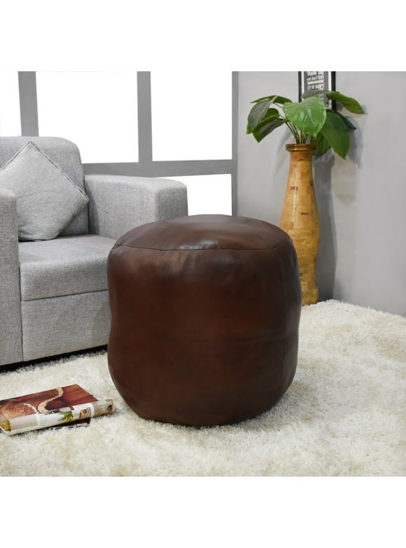 Solid Handmade Goat Leather Round Pouf (Recycled Cotton Fill) Brown Color 18"x18"x18"