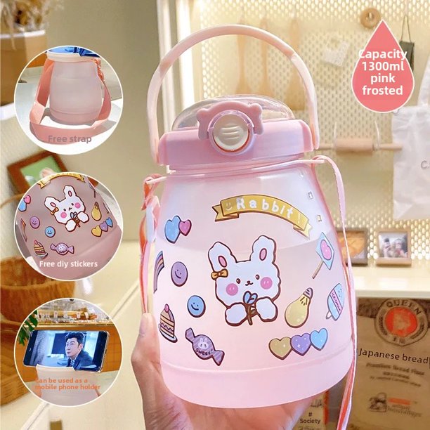 Taza de agua de plástico portátil de gran capacidad para niños, botella con pajita para estudiantes, asa de transporte, red especial de verano, taza para el vientre grande