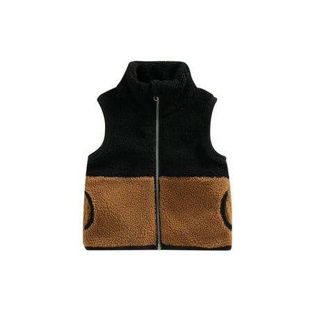 

IZhansean Toddler Baby Boys Girls Autumn Winter Warm Plush Waistcoat Outfits Contrast Color Sleeveless Zipper Vests Jacket Black Brown 6-12 Months