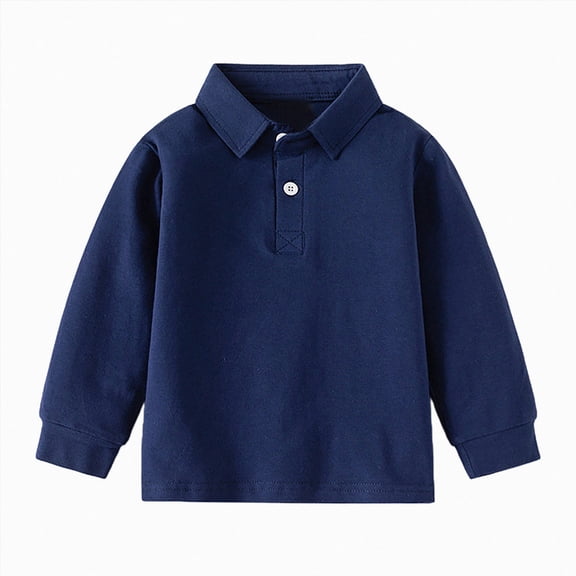 WUANDIXFA Boys School Shirts Boys Polo Shirts School Long Sleeve Casual Solid Color Gentleman Tops Holiday Lapel Button Pullover Shirt Daily Tee,Navy,18-24 Months