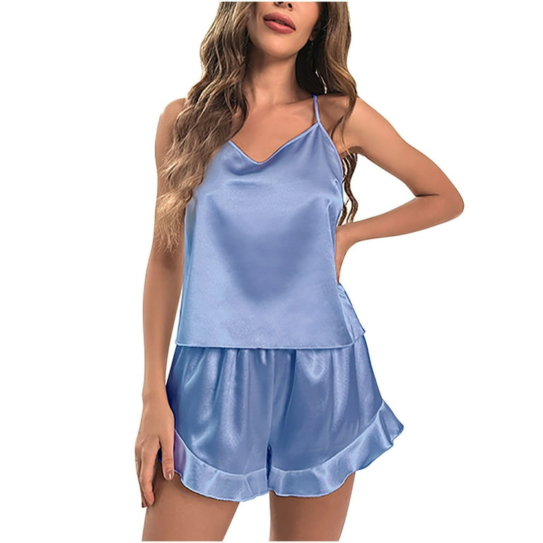 Fanxing Walmart Deals Prime Day Women Silk Pajama Camisole Shorts Set Lace  Sleepwear Pajamas Set Tank Top and Shorts Lounge Set S,M,L,XL,XXL