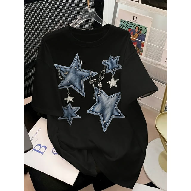 Loose-Fitting Round-Neck T-Shirt for Women with Star Print, Suitable for Spring And Summer, Lightweight Pullover, Short Sleeves, Casual Sports Top.
