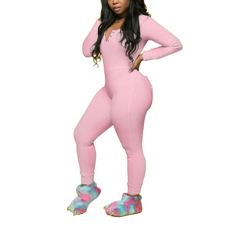 

Musuos Women s Deep V Neck Onesie Pajamas Jumpsuit Romper Bodysuit with Drop Seat Butt Flap