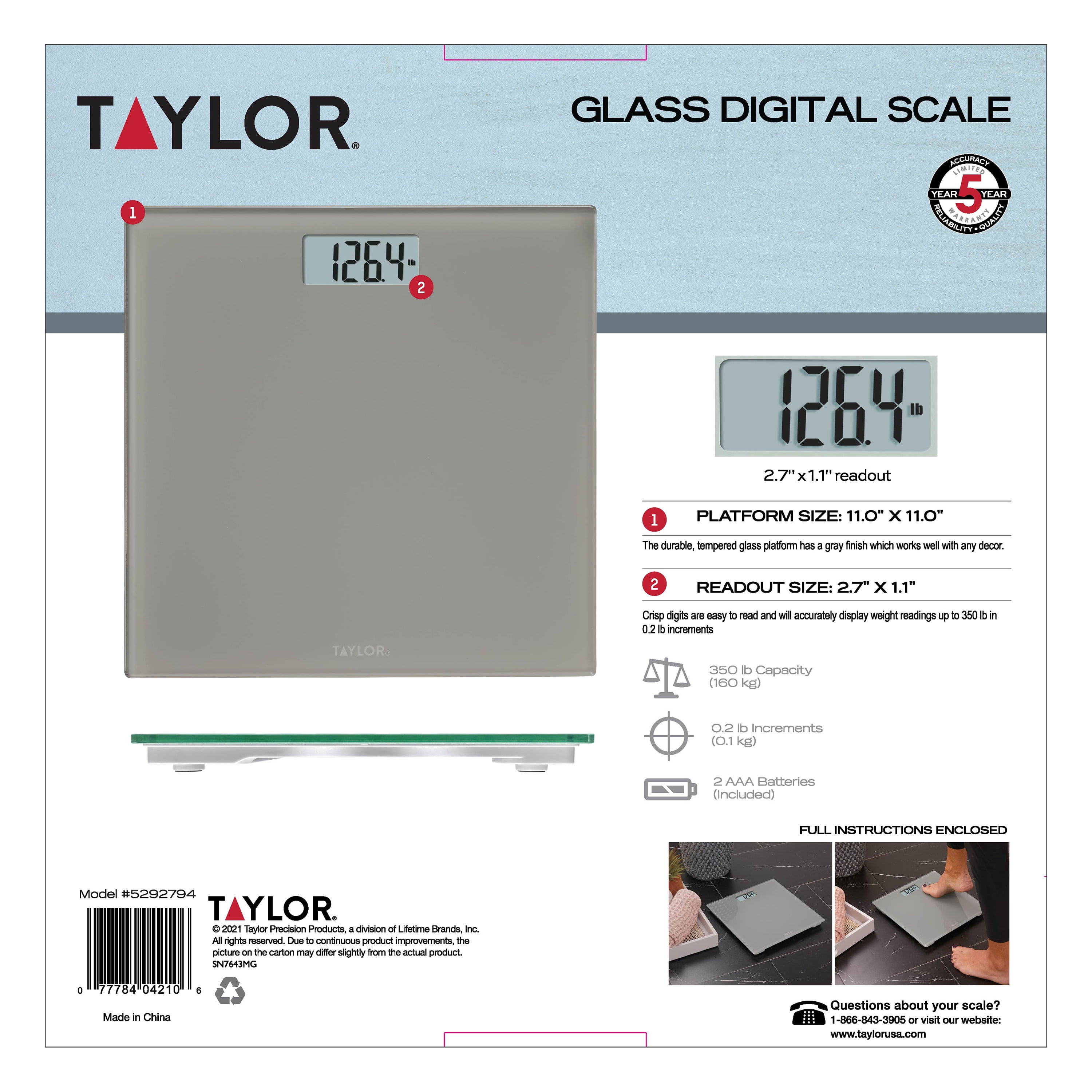 EUC TAYLOR Glass Digital Bathroom Scale Striated gray SILVER Finish 500lb