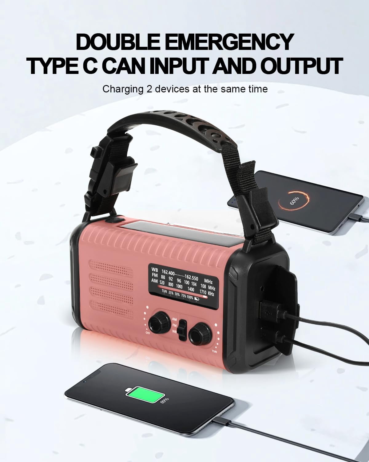 Emergency Crank Radio  20000mah / 74000mwh Solar Hand Weather With Noaa/am/fm Cell Phone Reading Lamp Flashlight & Sos For Emergencies/home (pink)