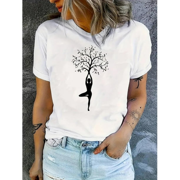 Camiseta Para Mujer De Verano Cuello RedondoYoga Tree Print Short Sleeve Crew Neck T-shirt, Casual Sports Short Sleeve Crew Neck Summer Top, Women's ClothingFather's Day, Mother's Day, New Year, Spr
