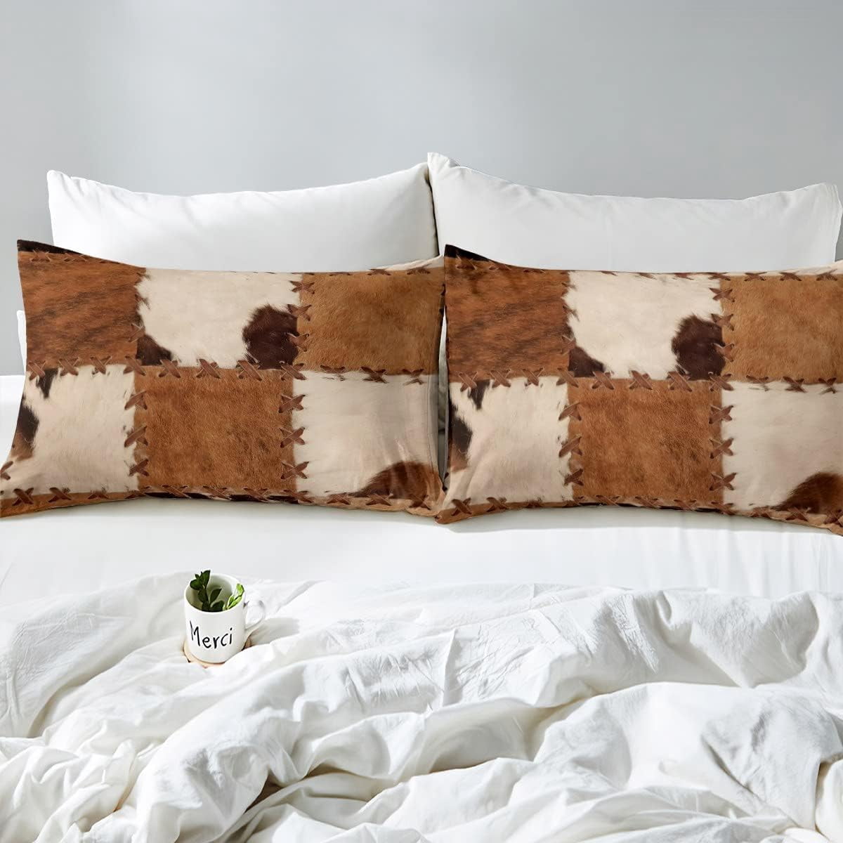 Cowhide Bedding Sets Patchwork Cow Print Comforter Farm Animal Comforter Set for Kids Boys Girls Western Cowboy Farmhouse Down Comforter with 1 Comforter and 2 Pillow Cases Bedroom Decor Queen