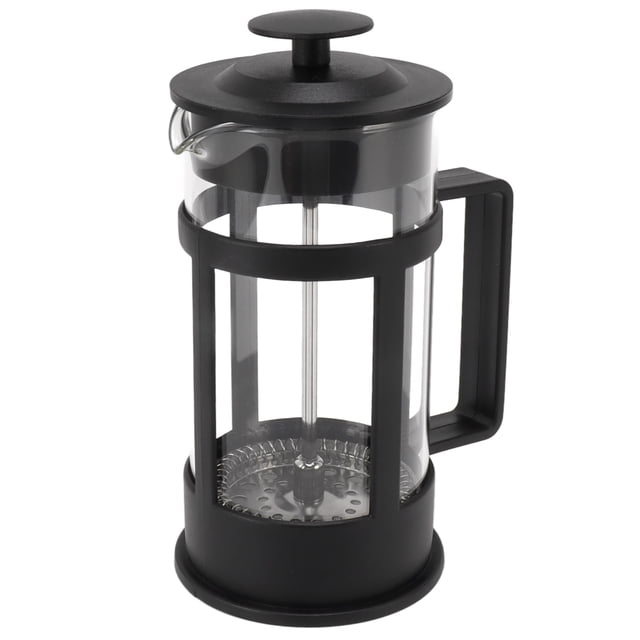 tetera de prensa, cafetera de prensa francesa de 350 ml, tetera de prensa francesa de vidrio, durabilidad probada en el tiempo Vista frontal centrada de cafetera de prensa de 350 ml en negro; cilindro de vidrio en armazón y mango de PP negro, tapa con émbolo y varilla de acero inoxidable y disco filtro visible en la base. Fondo neutro; también adecuada para preparar té, chocolate caliente o bebidas infusionadas.