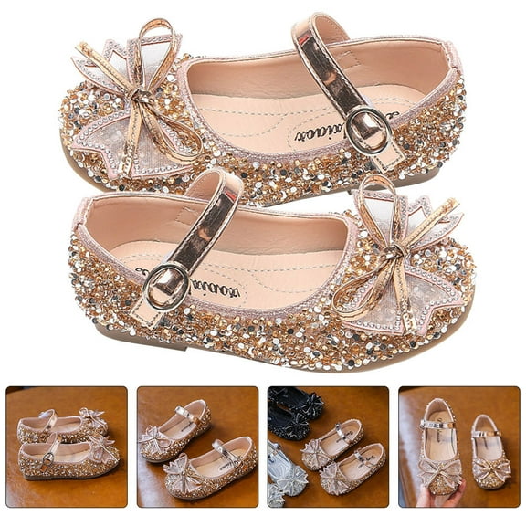 Raindrops Golden Toddler Girl Dress Shoes with Rhinestone Decoration, Comfortable Artificial Leather, 1 Pair for Wedding