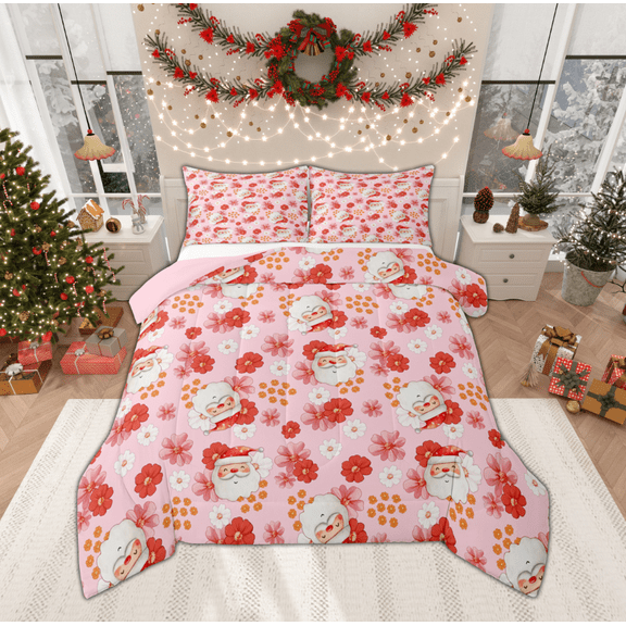 Manfei Kawaii Santa Claus Bedding Comforter Set for Kids, Pink Groovy Flower Floral Twin Comforter Sets, Merry Christmas Reversible Bedding Set, Luxury Bedroom Decor, 2-Piece