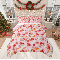 Manfei Kawaii Santa Claus Bedding Comforter Set for Kids, Pink Groovy Flower Floral Twin Comforter Sets, Merry Christmas Reversible Bedding Set, Luxury Bedroom Decor, 2-Piece
