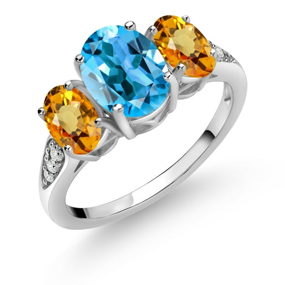 Gem Stone King 10K White Gold Swiss Blue Topaz Yellow Sapphire and White Lab Grown Diamond 3 Stone Engagement Ring for Women (2.77 Cttw, Gemstone Birthstone, Size 9)