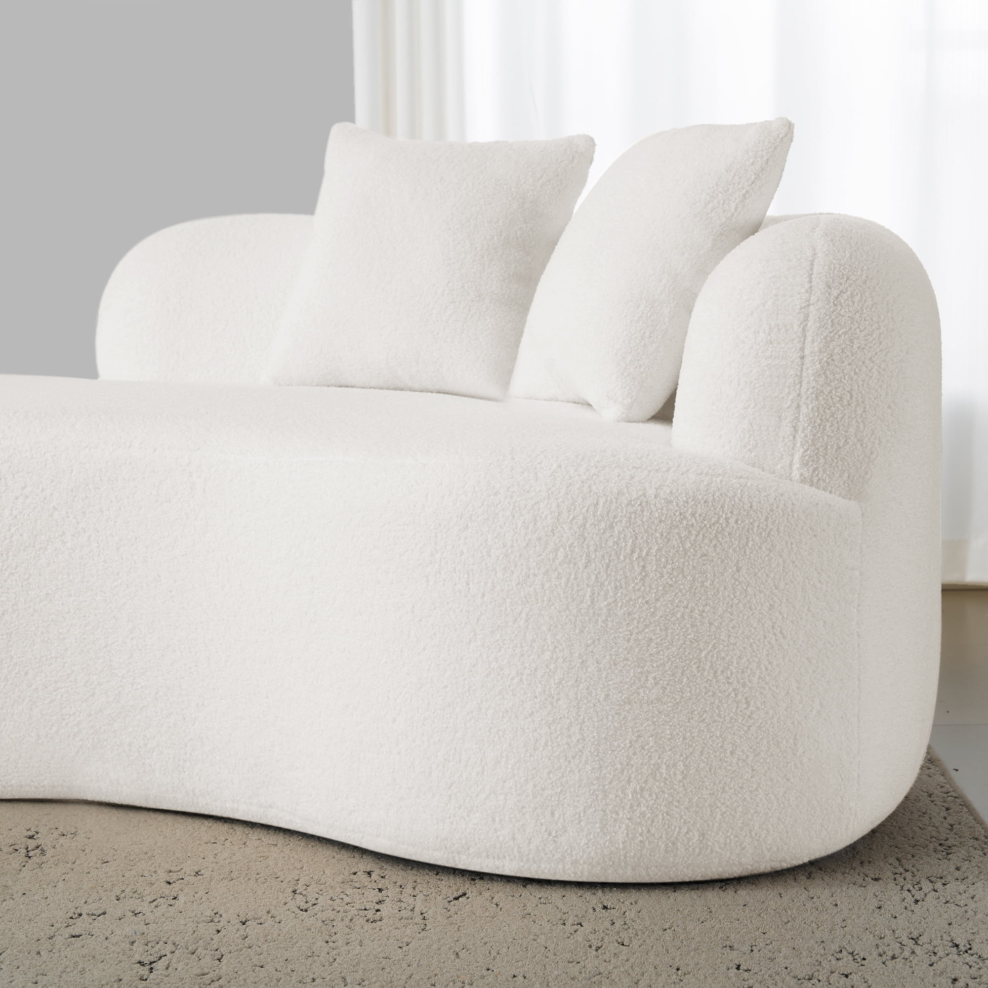 Curved Four Seater Sofa 106.7 Inch, Teddy Velvet Fabric Compression Sponge Couch, No-Assembly Compact Sofa for Apartments, Cloud-Like Comfort, White