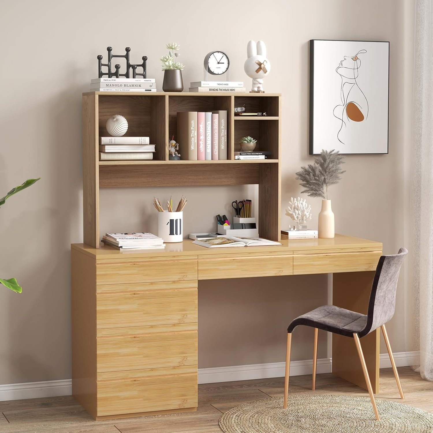 CRXX Desktop Bookshelf, Countertop Storage Hutch with 4 Shelves for Computer Desk, Dressing Tabletop Display Rack, Multipurpose Desk Hutch Storage Organizer for Home Office Dorm, Natural