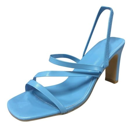 HSMQHJWE Square Heels For Women Square Toe Heeled Sandals Dressy Summer High Heels Ankle Strap Wedding Dress Shoes Sky Blue 7.5)