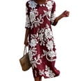 thumbnail image 3 of VBVC Women's and Women's Plus 3/4 Sleeve Midi Dress, Summer Casual Crew Neck Dress For Women, Ladies' Loose Fit Floral Dress with Pockets,Wine,S-5XL, 3 of 7