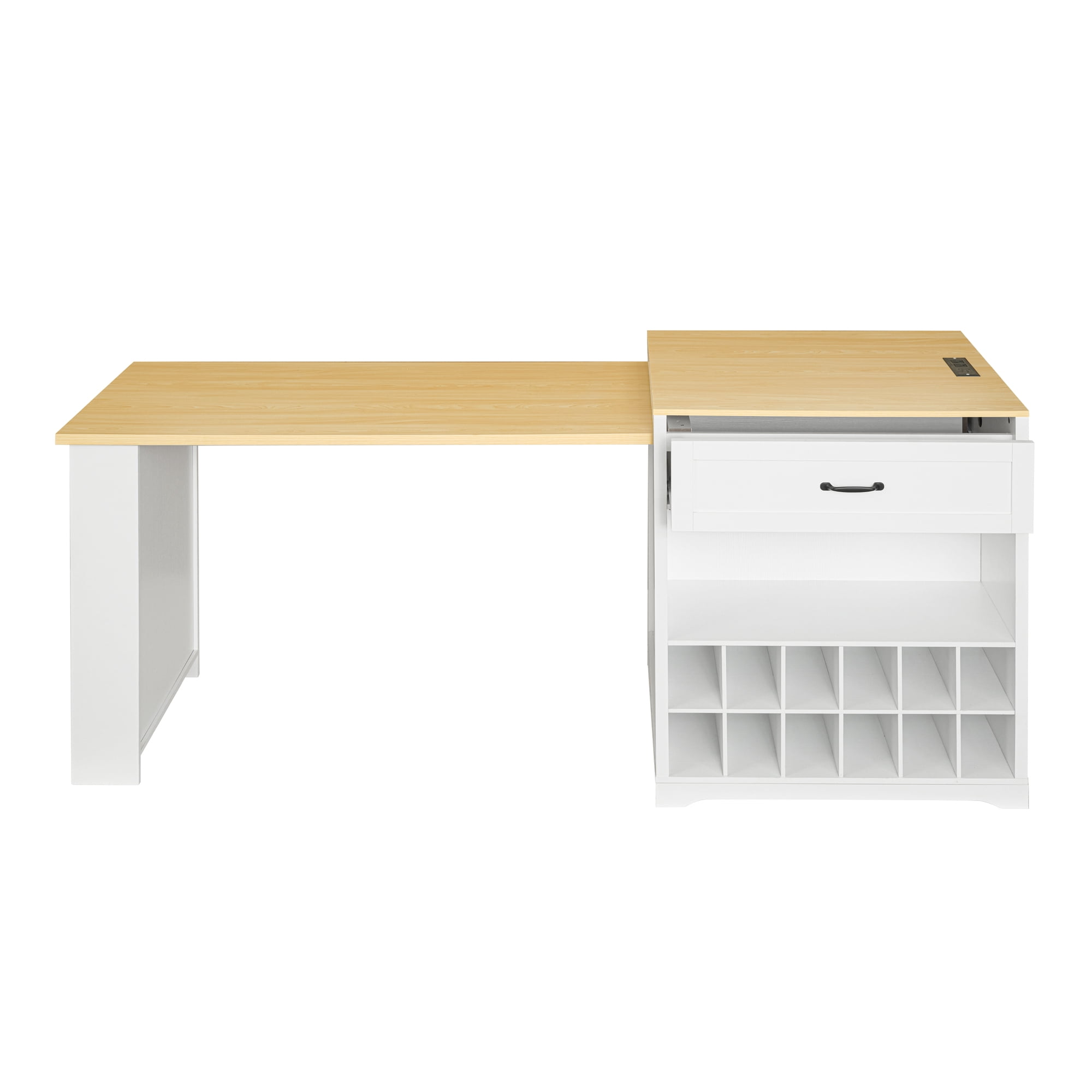 Noble House Extendable Counter Table with Wheels & Power Outlet,White+Natural