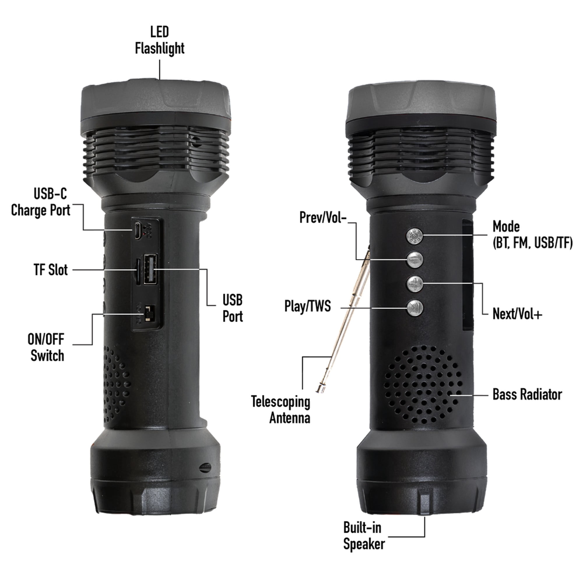 Audiobox FSL-200 Solar Rechargeable Flashlight with Bluetooth Speaker, FM Radio, TWS, and LED Light – Portable for Camping, Hiking, Travel - Silver