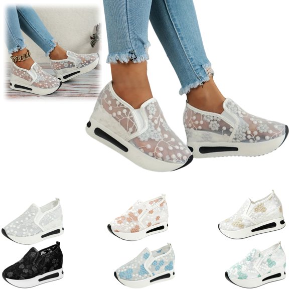 Shoes for Women Lace Floral Embroidered Mesh Breathable Platform Slip-on Shoes Fashion Flat Hidden High Heels Non-Slip Sneakers