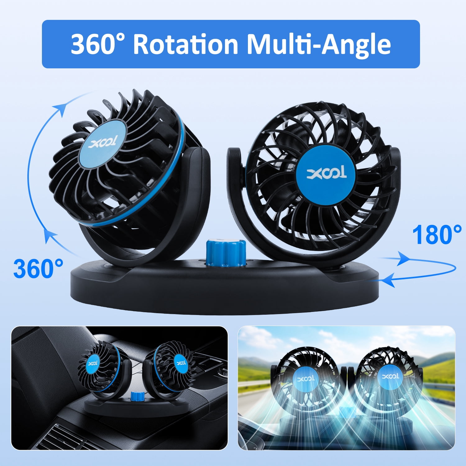 Car Fan for Dashboard, 2 Speeds 360°Rotatable Car Fan , Dual Head Car Cooling Fan with Cigarette Lighter for Vehicles SUV RV